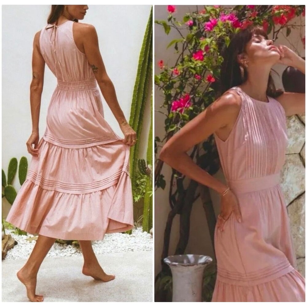 Pampelone Perle Midi Dress M Blush Pink Pintuck Tiered Cotton Sleeveless